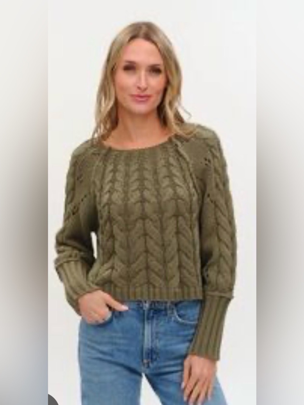 SIX/FIFTY Olive Green Cable Knit Cropped Sweater - Size Small